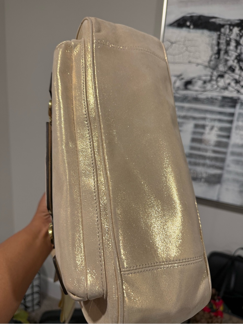 Coach Shimmery Champagne Leather Shoulder Bag with Gold Chain Straps - Picture 10 of 11